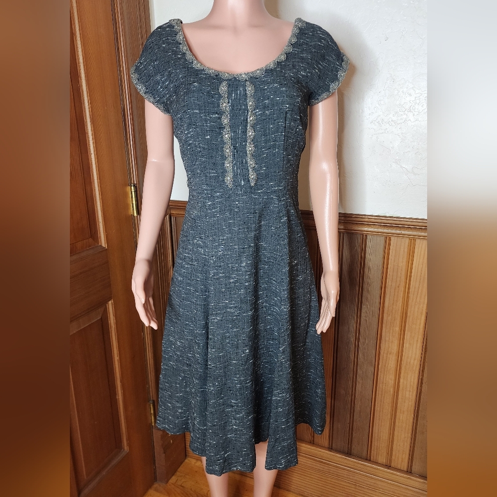 1950s Grey Silk Tweed Rhinestone Beaded Embellished Dress Large - Picture 4 of 9